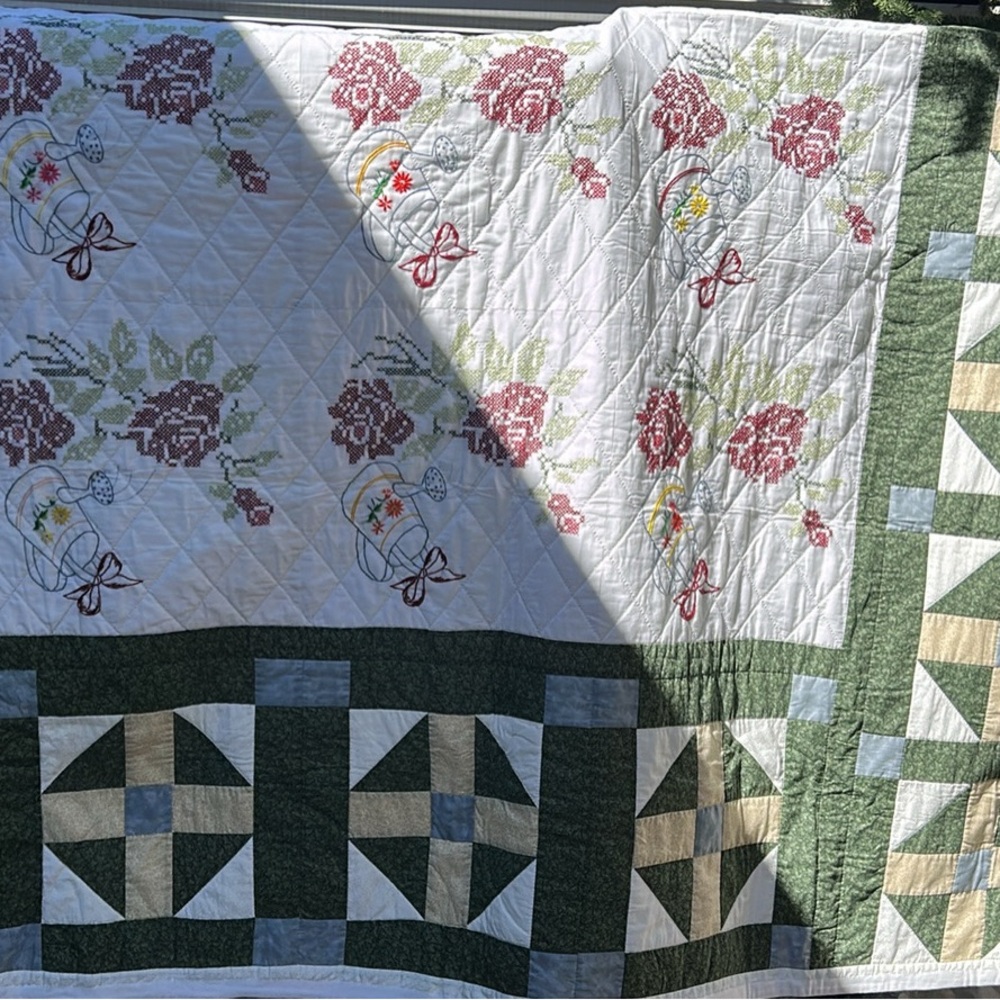 Handmade cross stitch & sewn patchwork cotton quilt 84”x104”